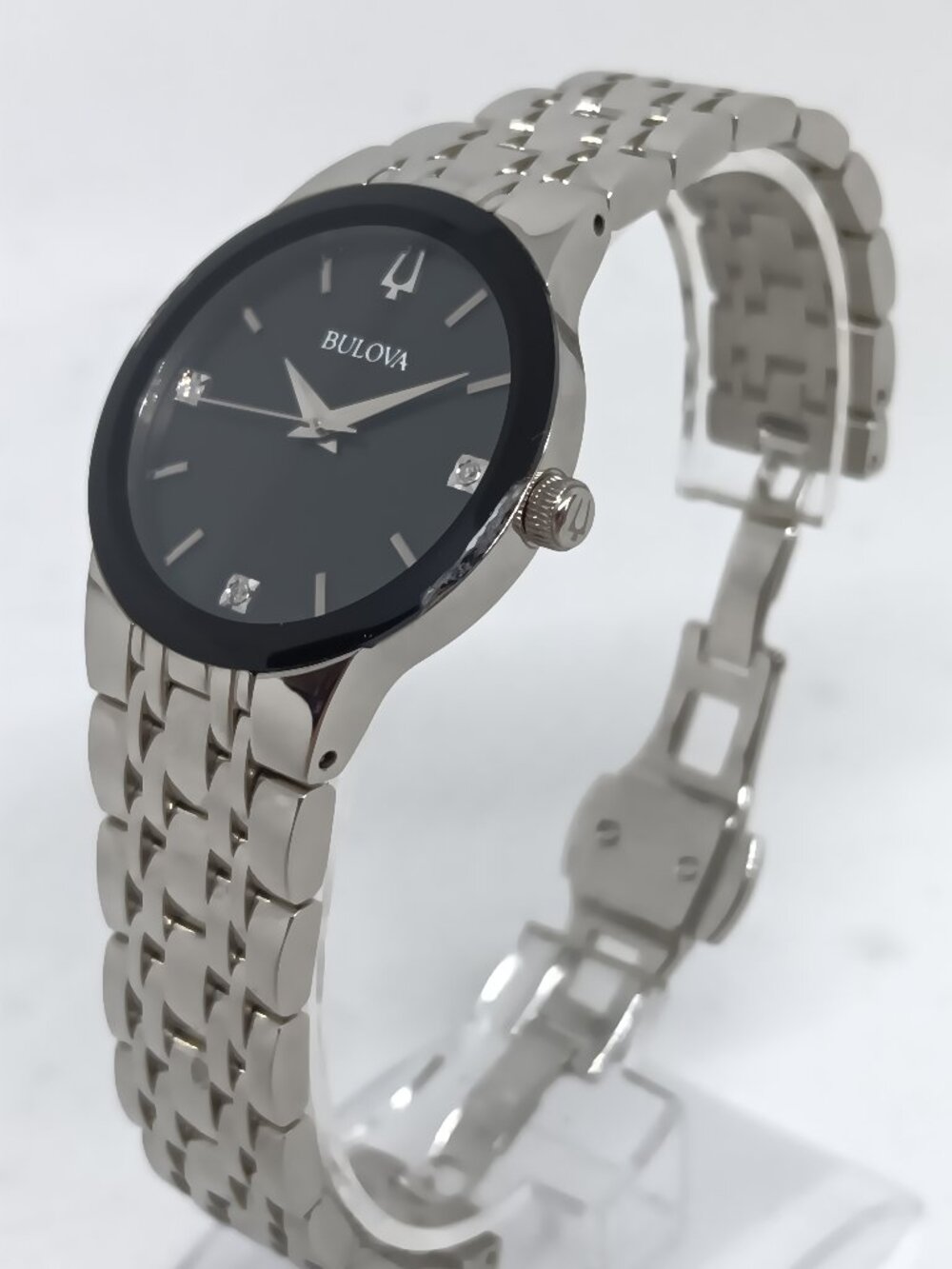 Bulova 96P200 Women’s 30mm Diamond Accent Black Dial S/Steel Watch NEW BATT